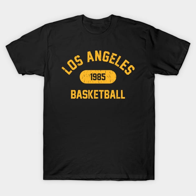 Retro 1985 Los Angeles Basketball Distressed Varsity Logo (Gold) T-Shirt by Double-Double Designs